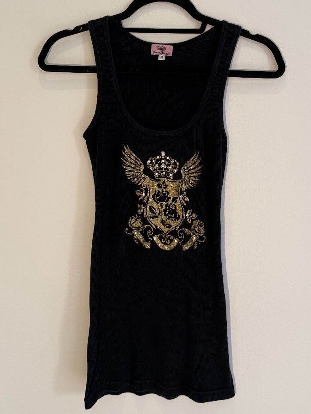 Yvette Mandell black long tank top with gold griffin / shield - Picture 2 of 6